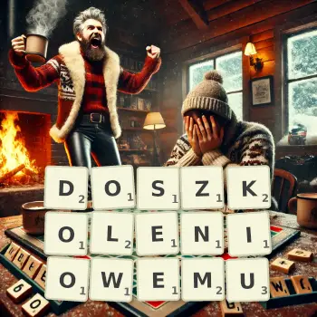 Kreatywna ilustracja do gry w Scrabble ze słowem DOSZKOLENIOWEMU ułożonym z płytek na planszy.