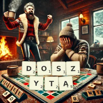 Kreatywna ilustracja do gry w Scrabble ze słowem DOSZYTĄ ułożonym z płytek na planszy.