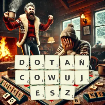 Kreatywna ilustracja do gry w Scrabble ze słowem DOTAŃCOWUJESZ ułożonym z płytek na planszy.