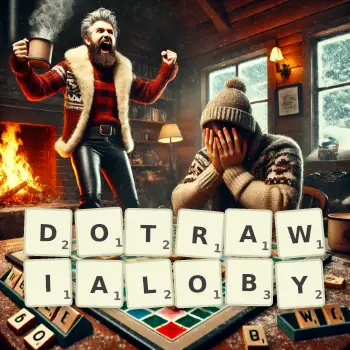 Kreatywna ilustracja do gry w Scrabble ze słowem DOTRAWIALOBY ułożonym z płytek na planszy.