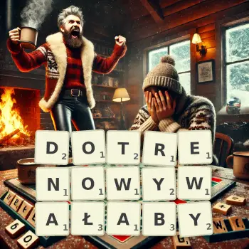 Kreatywna ilustracja do gry w Scrabble ze słowem DOTRENOWYWAŁABY ułożonym z płytek na planszy.