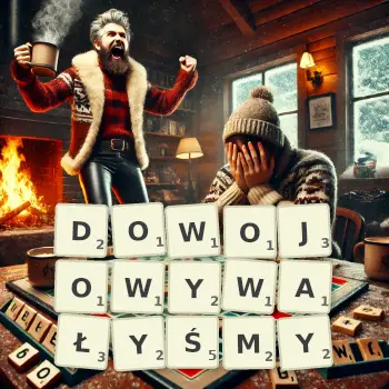 Kreatywna ilustracja do gry w Scrabble ze słowem DOWOJOWYWAŁYŚMY ułożonym z płytek na planszy.