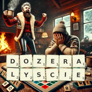 Kreatywna ilustracja do gry w Scrabble ze słowem DOZERALYSCIE ułożonym z płytek na planszy.
