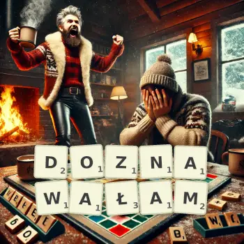 Kreatywna ilustracja do gry w Scrabble ze słowem DOZNAWAŁAM ułożonym z płytek na planszy.