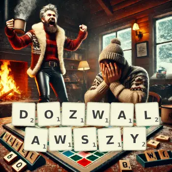 Kreatywna ilustracja do gry w Scrabble ze słowem DOZWALAWSZY ułożonym z płytek na planszy.