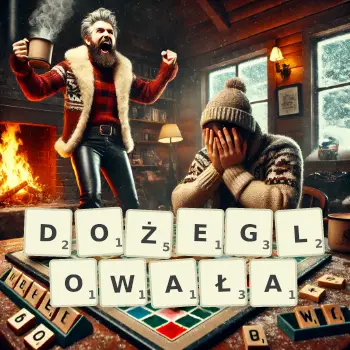 Kreatywna ilustracja do gry w Scrabble ze słowem DOŻEGLOWAŁA ułożonym z płytek na planszy.