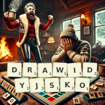 Kreatywna ilustracja do gry w Scrabble ze słowem DRAWIDYJSKO ułożonym z płytek na planszy.