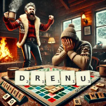 Kreatywna ilustracja do gry w Scrabble ze słowem DRENU ułożonym z płytek na planszy.