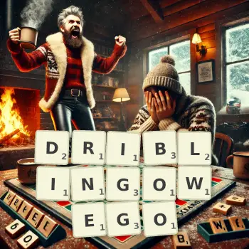 Kreatywna ilustracja do gry w Scrabble ze słowem DRIBLINGOWEGO ułożonym z płytek na planszy.