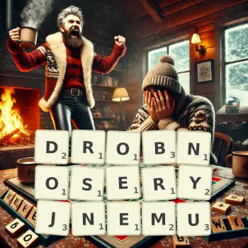 Kreatywna ilustracja do gry w Scrabble ze słowem DROBNOSERYJNEMU ułożonym z płytek na planszy.
