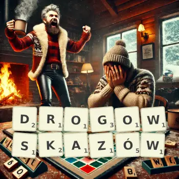 Kreatywna ilustracja do gry w Scrabble ze słowem DROGOWSKAZÓW ułożonym z płytek na planszy.