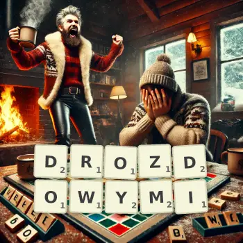 Kreatywna ilustracja do gry w Scrabble ze słowem DROZDOWYMI ułożonym z płytek na planszy.
