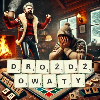 Kreatywna ilustracja do gry w Scrabble ze słowem DROŻDŻOWATY ułożonym z płytek na planszy.