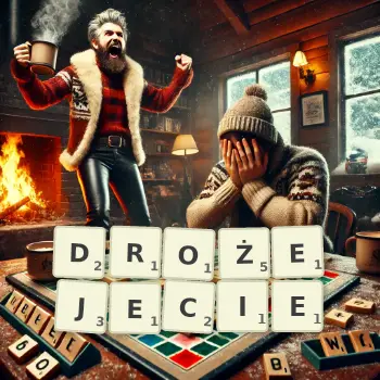 Kreatywna ilustracja do gry w Scrabble ze słowem DROŻEJECIE ułożonym z płytek na planszy.
