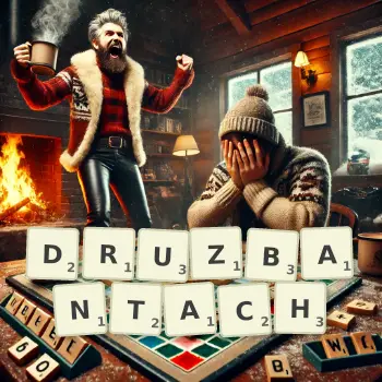 Kreatywna ilustracja do gry w Scrabble ze słowem DRUZBANTACH ułożonym z płytek na planszy.