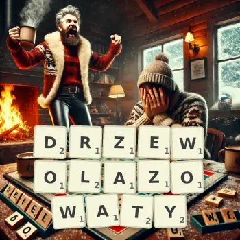 Kreatywna ilustracja do gry w Scrabble ze słowem DRZEWOLAZOWATY ułożonym z płytek na planszy.
