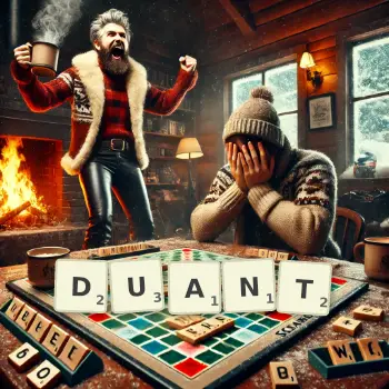 Kreatywna ilustracja do gry w Scrabble ze słowem DUANT ułożonym z płytek na planszy.