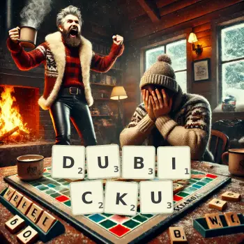Kreatywna ilustracja do gry w Scrabble ze słowem DUBICKU ułożonym z płytek na planszy.