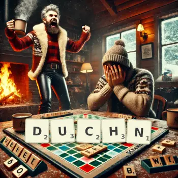 Kreatywna ilustracja do gry w Scrabble ze słowem DUCHN ułożonym z płytek na planszy.