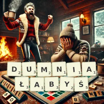 Kreatywna ilustracja do gry w Scrabble ze słowem DUMNIAŁABYŚ ułożonym z płytek na planszy.