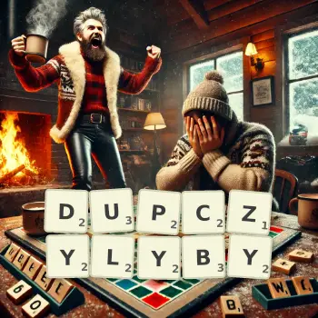 Kreatywna ilustracja do gry w Scrabble ze słowem DUPCZYLYBY ułożonym z płytek na planszy.