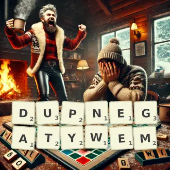 Kreatywna ilustracja do gry w Scrabble ze słowem DUPNEGATYWEM ułożonym z płytek na planszy.