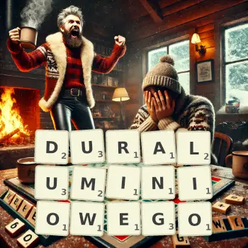 Kreatywna ilustracja do gry w Scrabble ze słowem DURALUMINIOWEGO ułożonym z płytek na planszy.