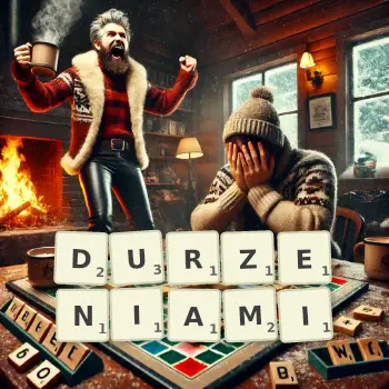 Kreatywna ilustracja do gry w Scrabble ze słowem DURZENIAMI ułożonym z płytek na planszy.