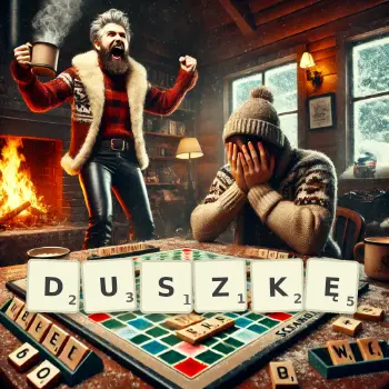 Kreatywna ilustracja do gry w Scrabble ze słowem DUSZKĘ ułożonym z płytek na planszy.