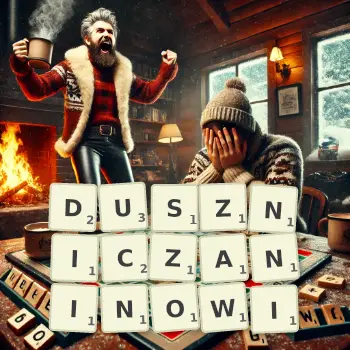 Kreatywna ilustracja do gry w Scrabble ze słowem DUSZNICZANINOWI ułożonym z płytek na planszy.
