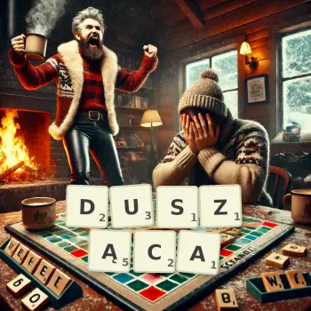 Kreatywna ilustracja do gry w Scrabble ze słowem DUSZĄCA ułożonym z płytek na planszy.