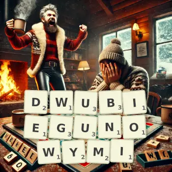 Kreatywna ilustracja do gry w Scrabble ze słowem DWUBIEGUNOWYMI ułożonym z płytek na planszy.