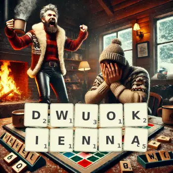 Kreatywna ilustracja do gry w Scrabble ze słowem DWUOKIENNĄ ułożonym z płytek na planszy.