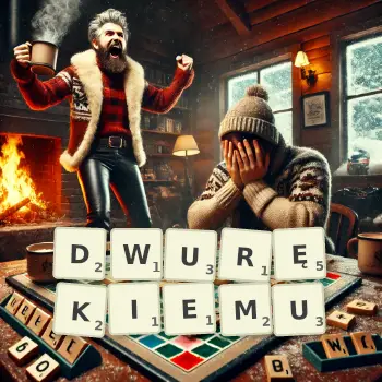 Kreatywna ilustracja do gry w Scrabble ze słowem DWURĘKIEMU ułożonym z płytek na planszy.