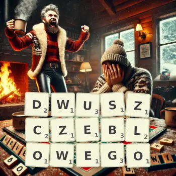 Kreatywna ilustracja do gry w Scrabble ze słowem DWUSZCZEBLOWEGO ułożonym z płytek na planszy.