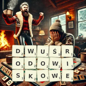 Kreatywna ilustracja do gry w Scrabble ze słowem DWUŚRODOWISKOWE ułożonym z płytek na planszy.