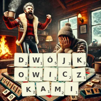 Kreatywna ilustracja do gry w Scrabble ze słowem DWÓJKOWICZKAMI ułożonym z płytek na planszy.
