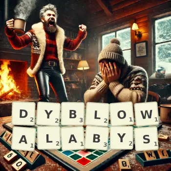 Kreatywna ilustracja do gry w Scrabble ze słowem DYBLOWALABYS ułożonym z płytek na planszy.