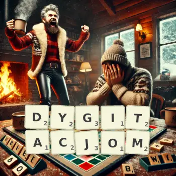 Kreatywna ilustracja do gry w Scrabble ze słowem DYGITACJOM ułożonym z płytek na planszy.
