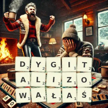Kreatywna ilustracja do gry w Scrabble ze słowem DYGITALIZOWAŁAŚ ułożonym z płytek na planszy.