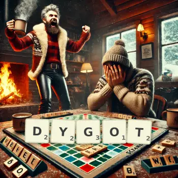 Kreatywna ilustracja do gry w Scrabble ze słowem DYGOT ułożonym z płytek na planszy.