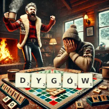 Kreatywna ilustracja do gry w Scrabble ze słowem DYGÓW ułożonym z płytek na planszy.