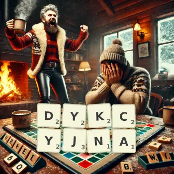 Kreatywna ilustracja do gry w Scrabble ze słowem DYKCYJNA ułożonym z płytek na planszy.