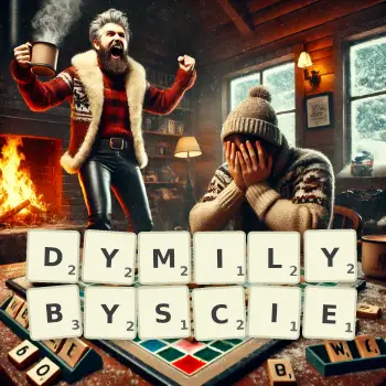 Kreatywna ilustracja do gry w Scrabble ze słowem DYMILYBYSCIE ułożonym z płytek na planszy.