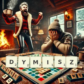 Kreatywna ilustracja do gry w Scrabble ze słowem DYMISZ ułożonym z płytek na planszy.
