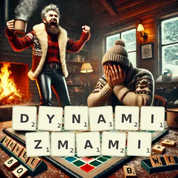 Kreatywna ilustracja do gry w Scrabble ze słowem DYNAMIZMAMI ułożonym z płytek na planszy.