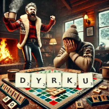 Kreatywna ilustracja do gry w Scrabble ze słowem DYRKU ułożonym z płytek na planszy.