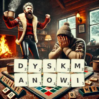 Kreatywna ilustracja do gry w Scrabble ze słowem DYSKMANOWI ułożonym z płytek na planszy.