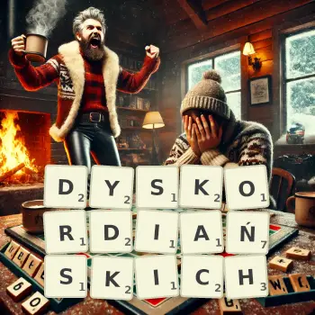 Kreatywna ilustracja do gry w Scrabble ze słowem DYSKORDIAŃSKICH ułożonym z płytek na planszy.