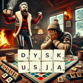 Kreatywna ilustracja do gry w Scrabble ze słowem DYSKUSJĄ ułożonym z płytek na planszy.